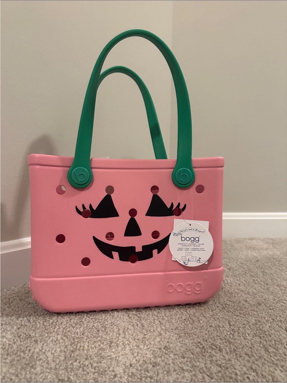 Pink Halloween Jack-O'-Lantern Medium Bogg Tote with Green Handles
